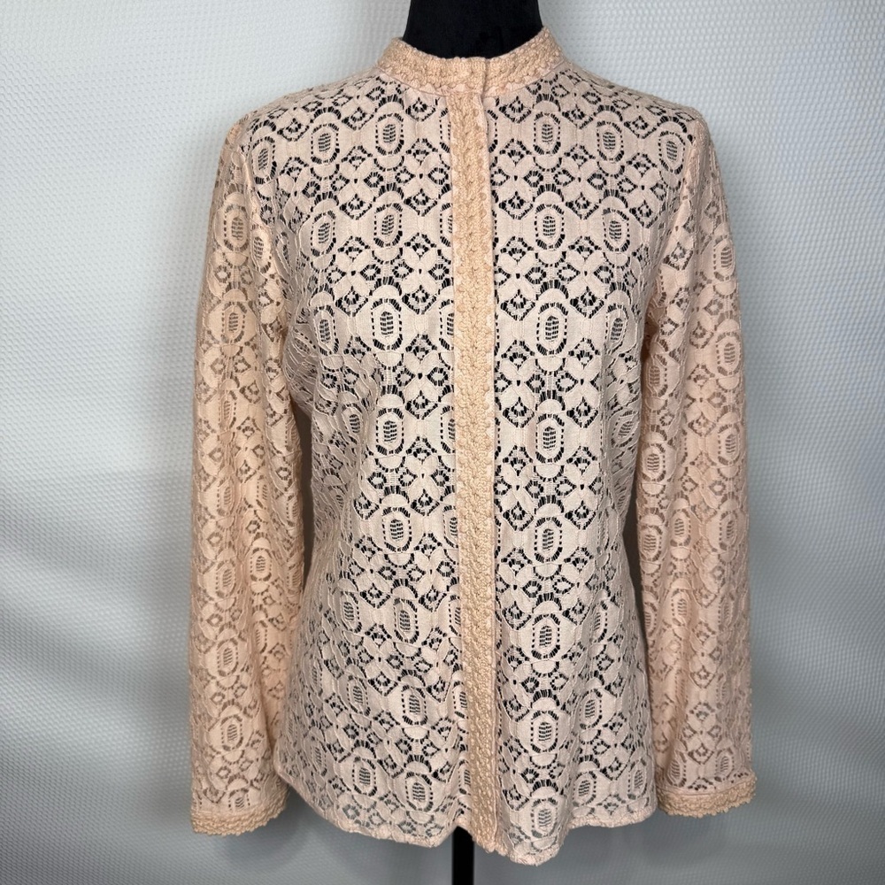 GILI Women's Small Peach Eyelet Lace & Crochet Snap-Front Jacket Top Coquette